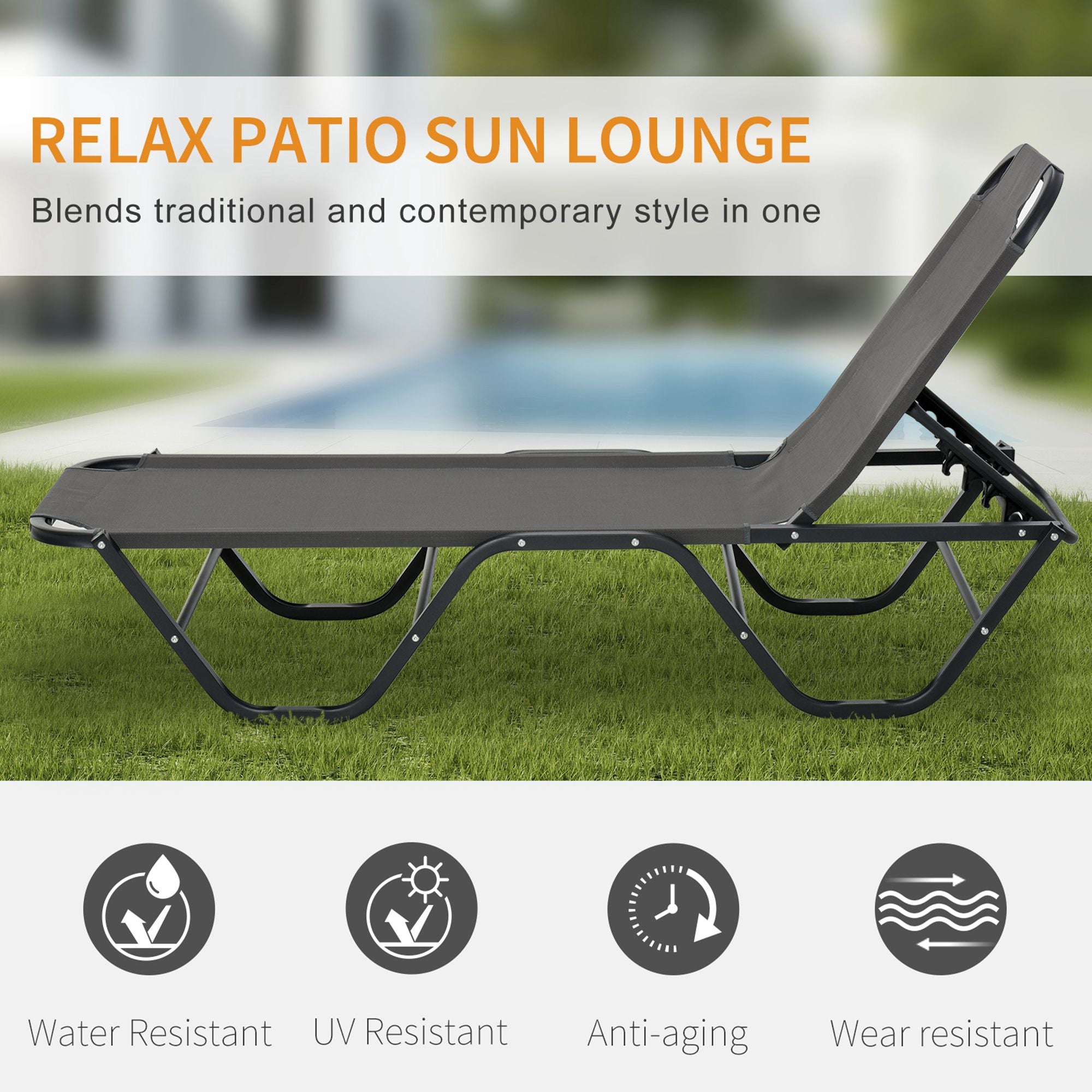 Outsunny Sun Lounger Relaxed Recliner with 5-Position Adjustable Backrest Aluminium Frame for Pool, Sun Bathing, Grey 