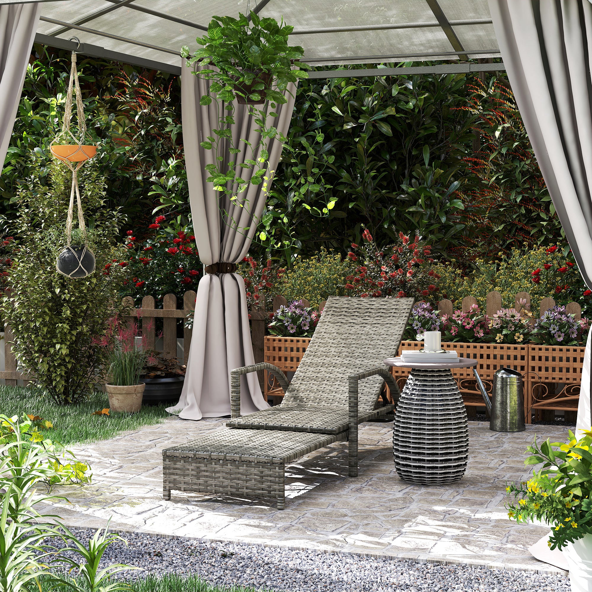 Outsunny PE Rattan Sun Lounger with Adjustable Backrest - Mixed-grey