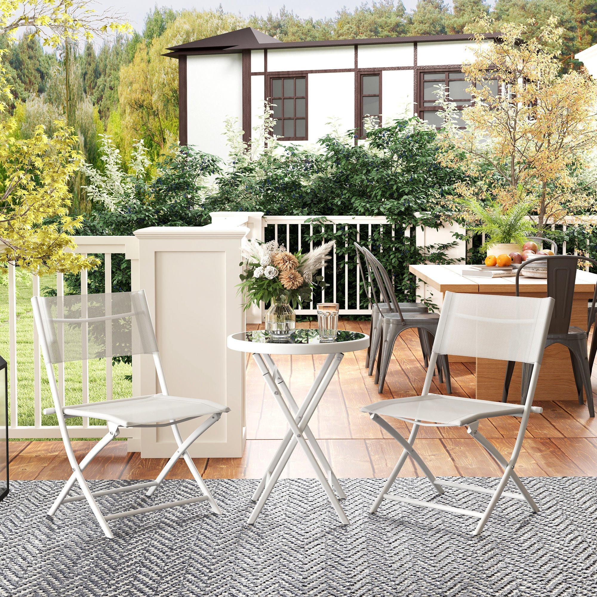 Outsunny 3 Pieces Outdoor Bistro Set, Glass Top Outdoor Table and 2 Folding Chairs with Protecting Feet, White 