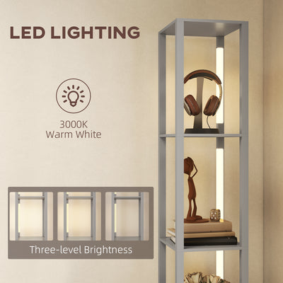 HOMCOM Floor Lamp with Shelves, LED Column Modern Standing Lamp with Fabric Drawer, Adjustable Brightness, Foot Switch for Living Room, Bedroom, Office, Grey 