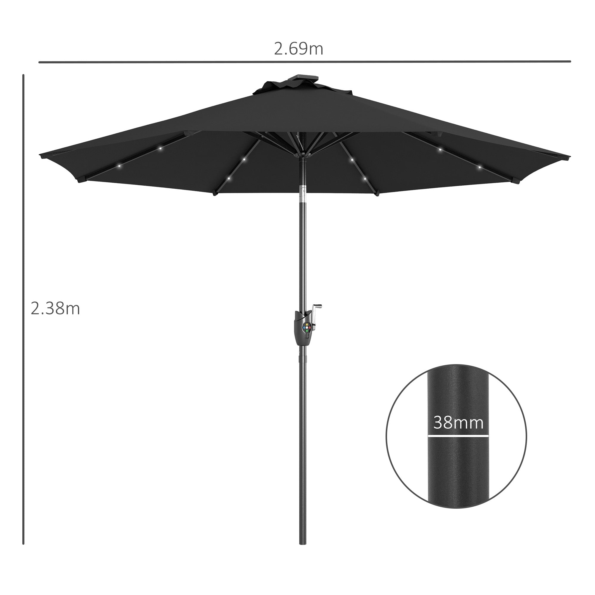 Outsunny \'ce\'a62.7m Garden Parasol Solar Outdoor Tilt Sun Umbrella Patio Sun Shade w/ 24 LED Light, Hand Crank and 8 Ribs, Black