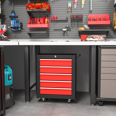 HOMCOM 5-Drawer Tool Chest with Wheels, Steel Lockable Tool Storage Cabinet with Handle, 2 Keys for Garage, Workshop, Red 