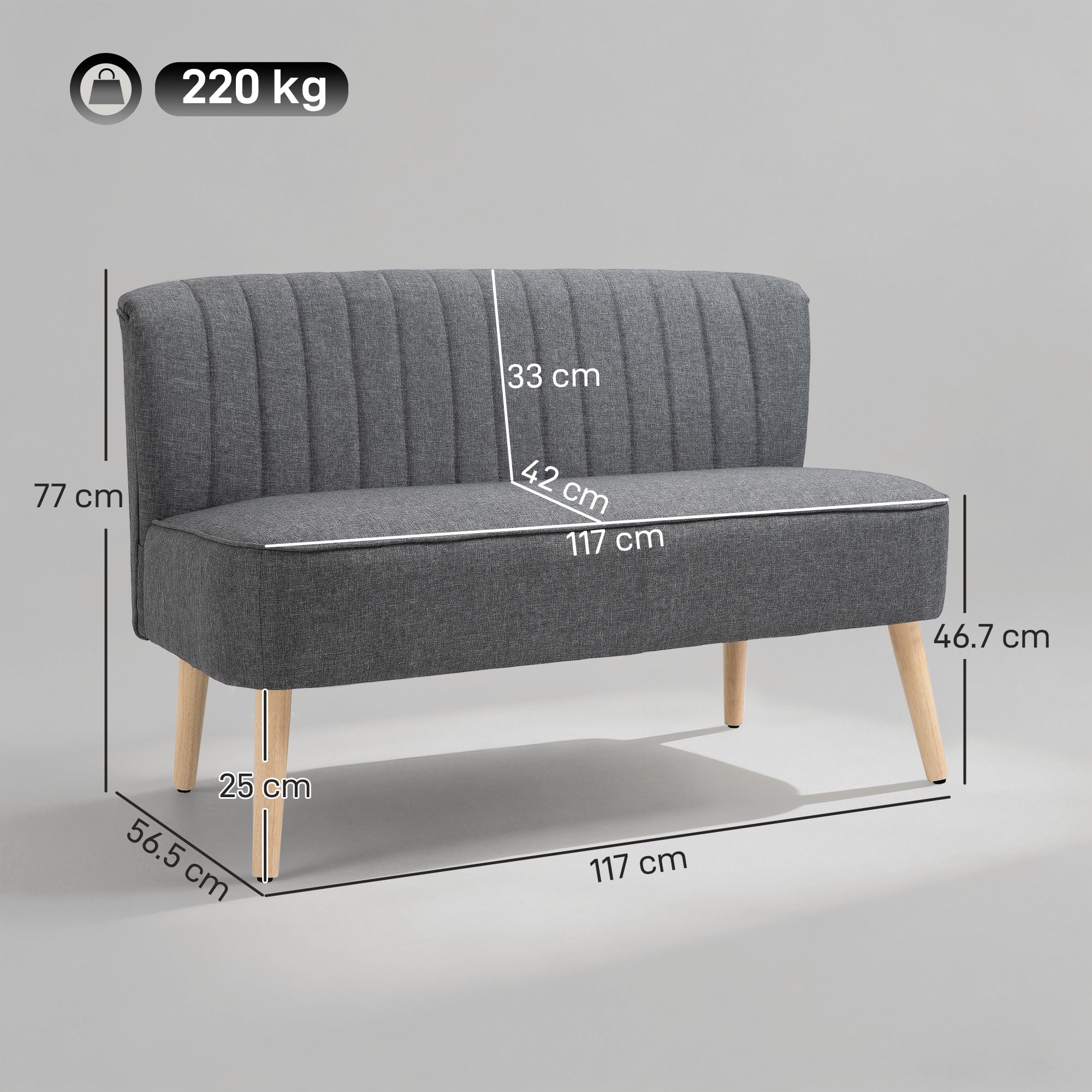 HOMCOM 117cm Loveseat Sofa Upholstered Small 2 Seater Sofa with Thick Padded Seat and Rubber Wood Legs, Grey 