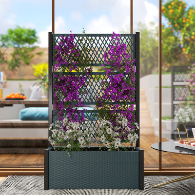 Outsunny Garden Planter Box with Trellis, Liner for Climbing Plants, Vegetables, Flowers, 90 x 35 x 148 cm, Charcoal Grey 