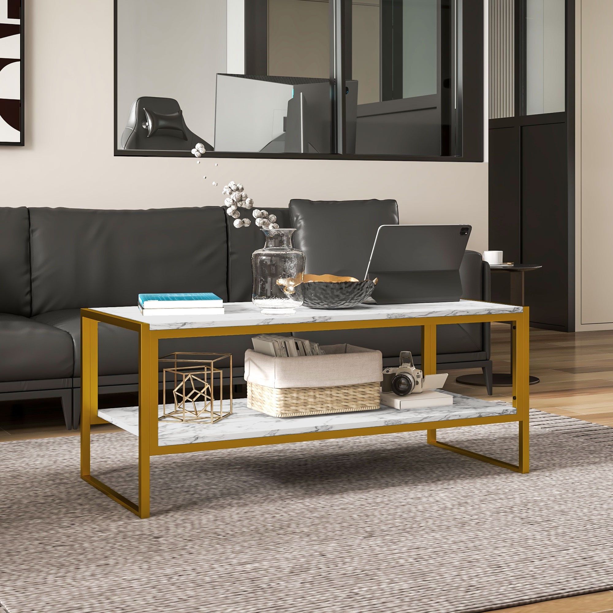 HOMCOM Coffee Table, Two-Tier Marble Centre Table with Metal Frame and Storage Shelf for Living Room, 106 x 50 x 45cm, White 