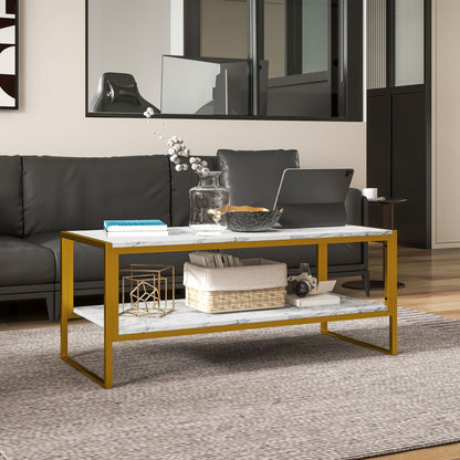 HOMCOM Coffee Table, Two-Tier Marble Centre Table with Metal Frame and Storage Shelf for Living Room, 106 x 50 x 45cm, White 