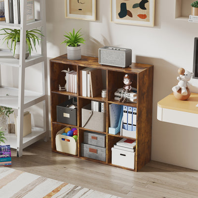 HOMCOM 3-tier 9 Cubes Storage Unit Particle Board Cupboard Bookcase Organiser Home Office Shelves, Rustic Brown 