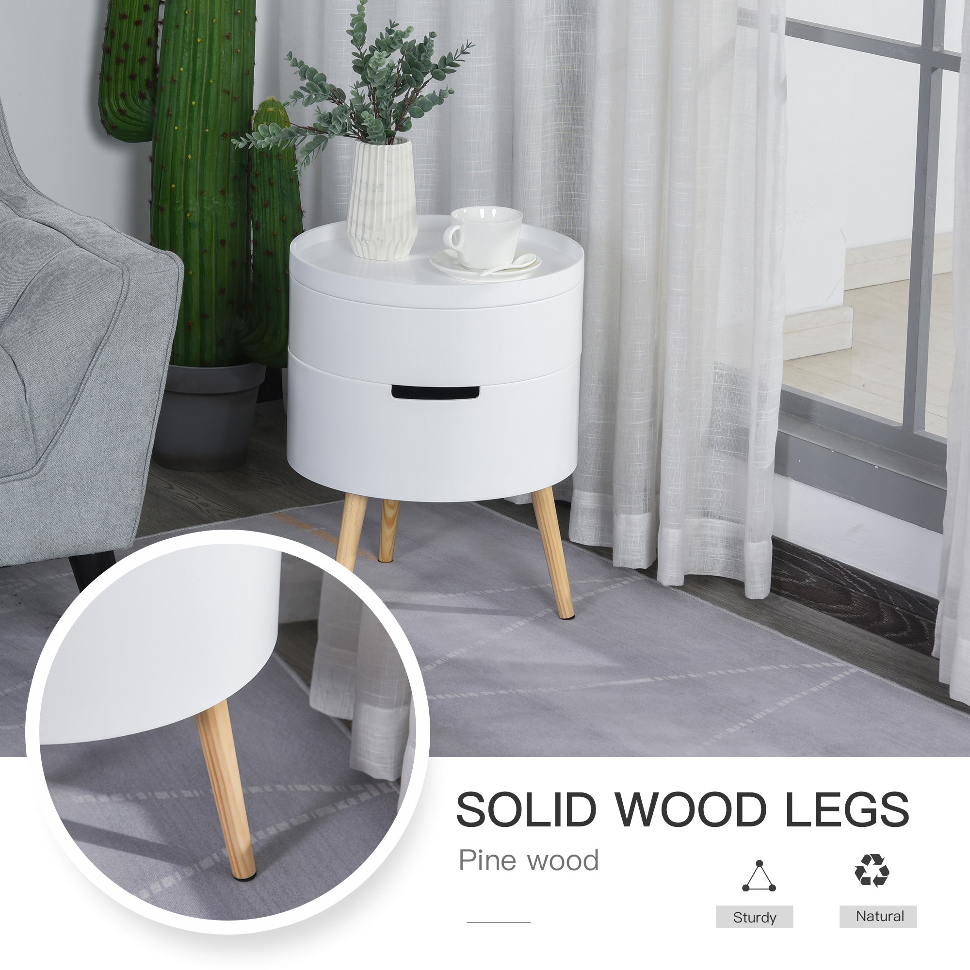 HOMCOM 3-Tier Coffee Table, Round End Table with 2 Hidden Compartments and Detachable Tray, Side Table with Storage for Living Room, White 