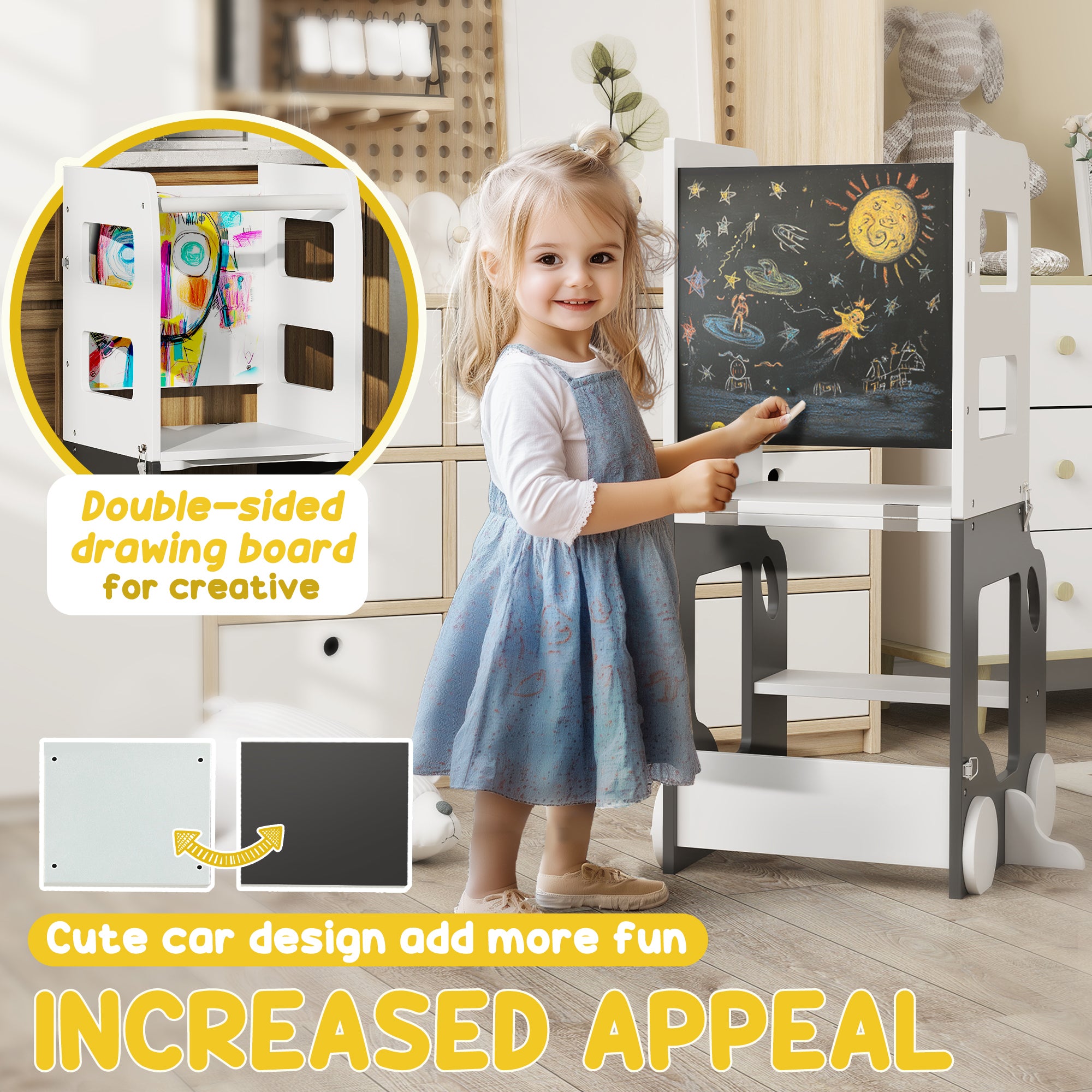 AIYAPLAY Toddler Step Stool, 4 in 1 Standing Tower, Foldable Toddler Step with Safety Rail, for Kitchen, Bathroom, Grey 