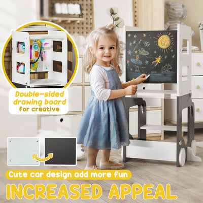 AIYAPLAY Toddler Step Stool, 4 in 1 Standing Tower, Foldable Toddler Step with Safety Rail, for Kitchen, Bathroom, Grey 