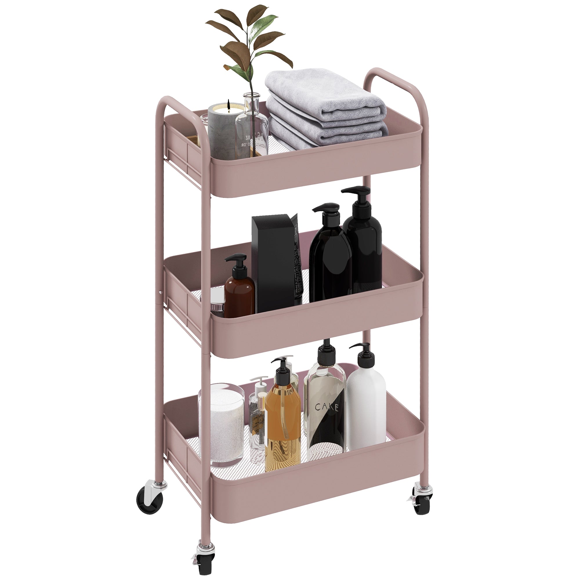 HOMCOM Three-Tier Steel Storage Trolley - Pink 
