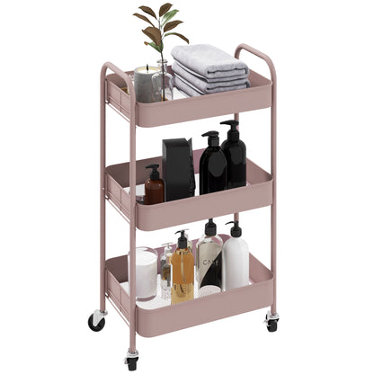 HOMCOM Three-Tier Steel Storage Trolley - Pink 