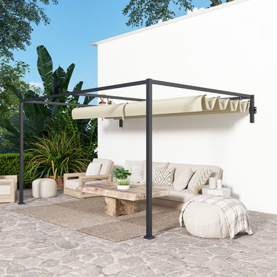 Outsunny 3 x 4m Lean To Steel Pergola, with Moving Fabric Canopy - Khaki 