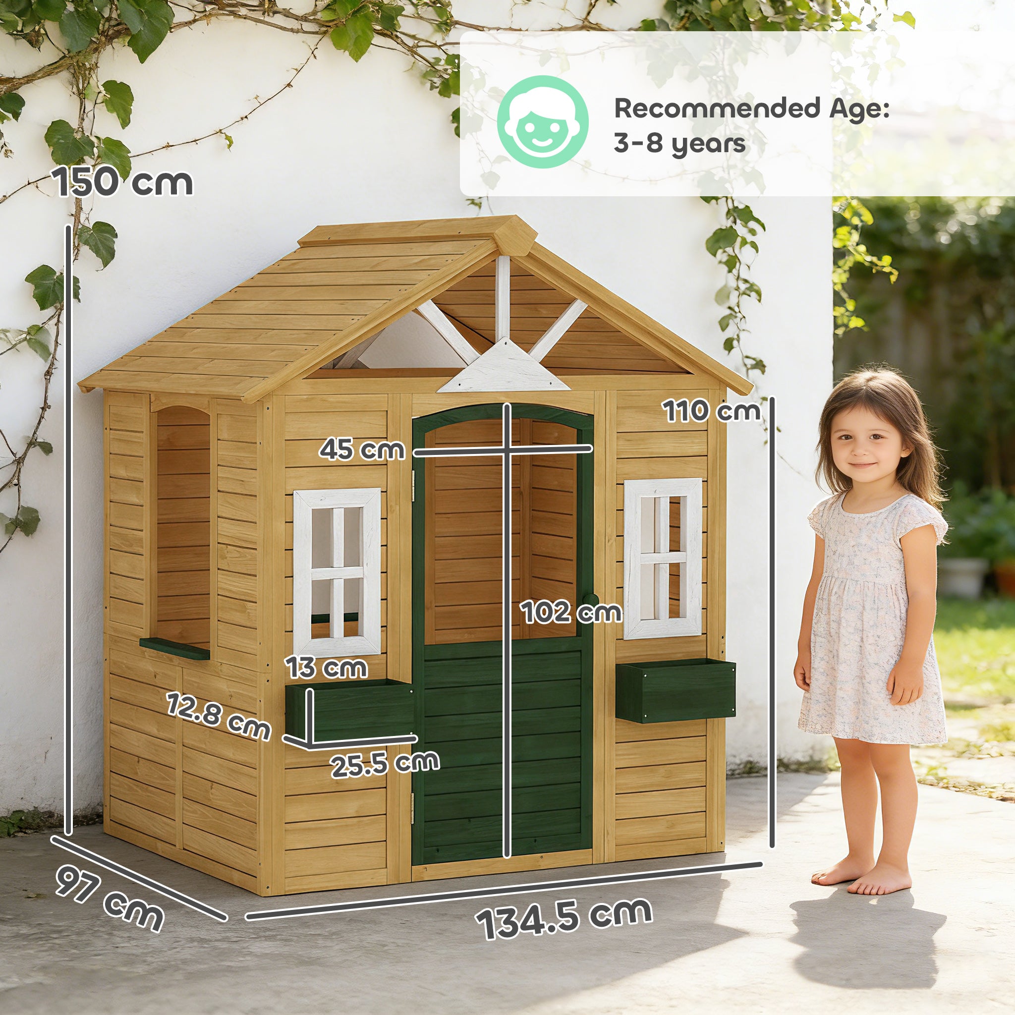 AIYAPLAY Outdoor Kids Playhouse, Wooden Wendy House with Door, 3 Windows, 2 Flower Boxes for Garden, Indoor Playroom 