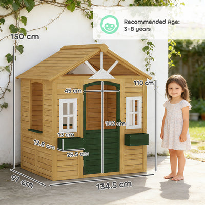 AIYAPLAY Outdoor Kids Playhouse, Wooden Wendy House with Door, 3 Windows, 2 Flower Boxes for Garden, Indoor Playroom 