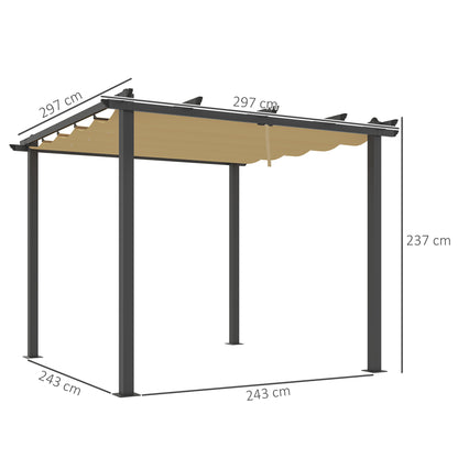 Outsunny 3 x 3m Aluminium Pergola, with Retractable Roof - Khaki