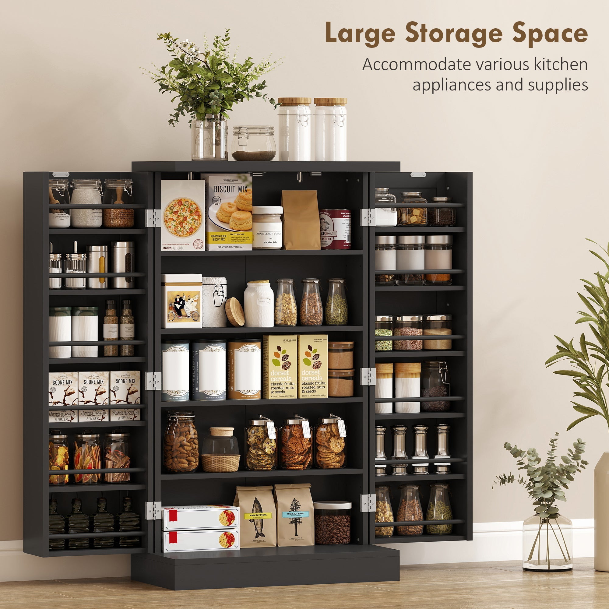 HOMCOM Kitchen Cupboard, Freestanding Multi-Storage Kitchen Pantry Cabinet with Adjustable Shelves, Black 