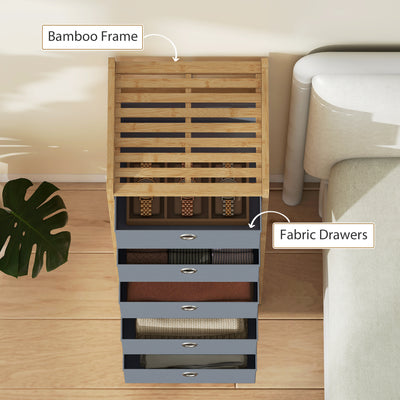 HOMCOM Chest of Drawers, 5 Fabric Drawers Narrow Dresser with Bamboo Frame, Light Grey 
