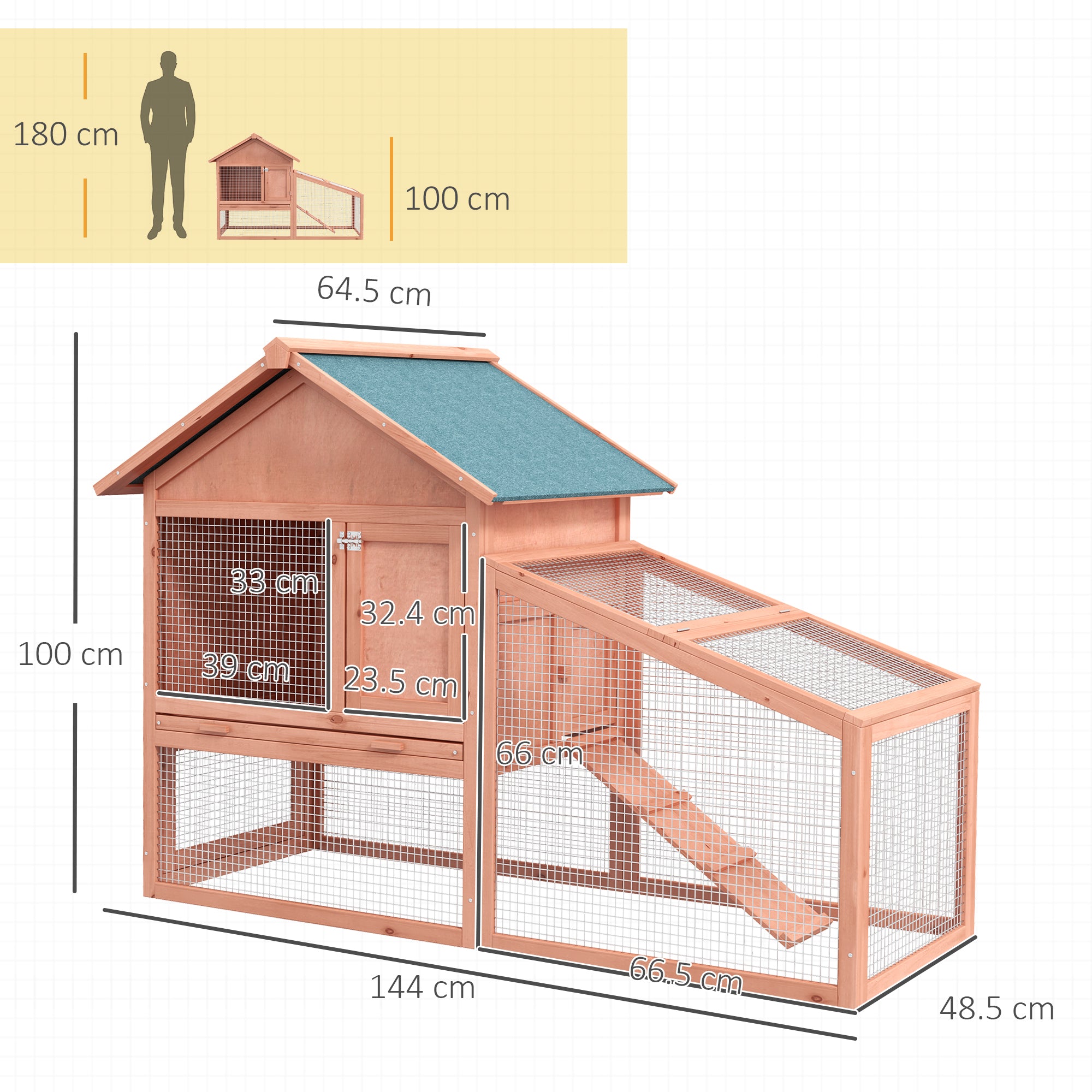 PawHut 2 Tier Rabbit Hutch Outdoor, Guinea Pig Hutch, Solid Wood Bunny House, Water Resistant Asphalt Roof Ramp Sliding tray 144 x 64.5 x 100 cm 