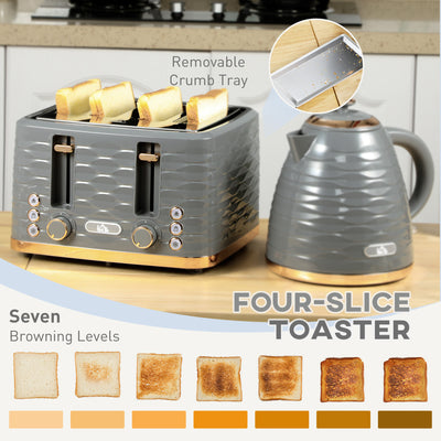 HOMCOM Kettle and Toaster Sets, 3000W 1.7L Rapid Boil Kettle & 4 Slice Toaster with 7 Browning Controls, Defrost, Reheat and Crumb Tray, Otter thermostat, Grey 