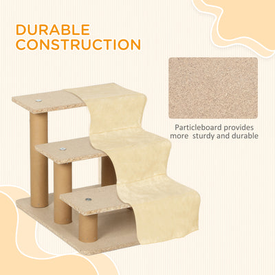 PawHut Three-Step Dog Stairs, with Washable Plush Cover, for High Bed Sofa, Dog Stairs for Small Dog and Cat - Beige 