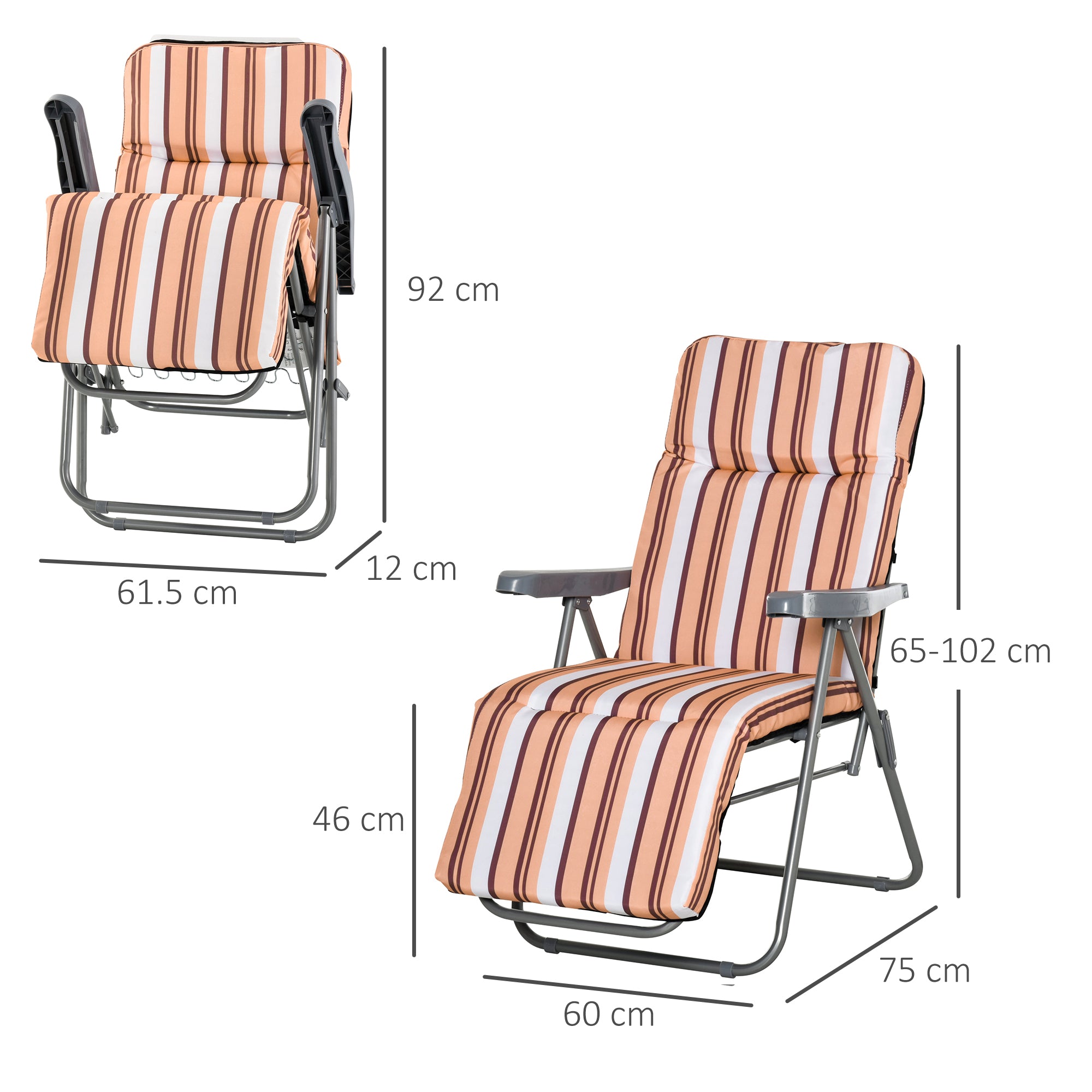 Outsunny Reclining Garden Chair Set of 2, 5-Level Adjustable Zero Gravity Chairs with Cushions, Folding Sun Lounger Garden Recliner Chairs with Armrests for Outdoor, Patio, Orange Stripe 