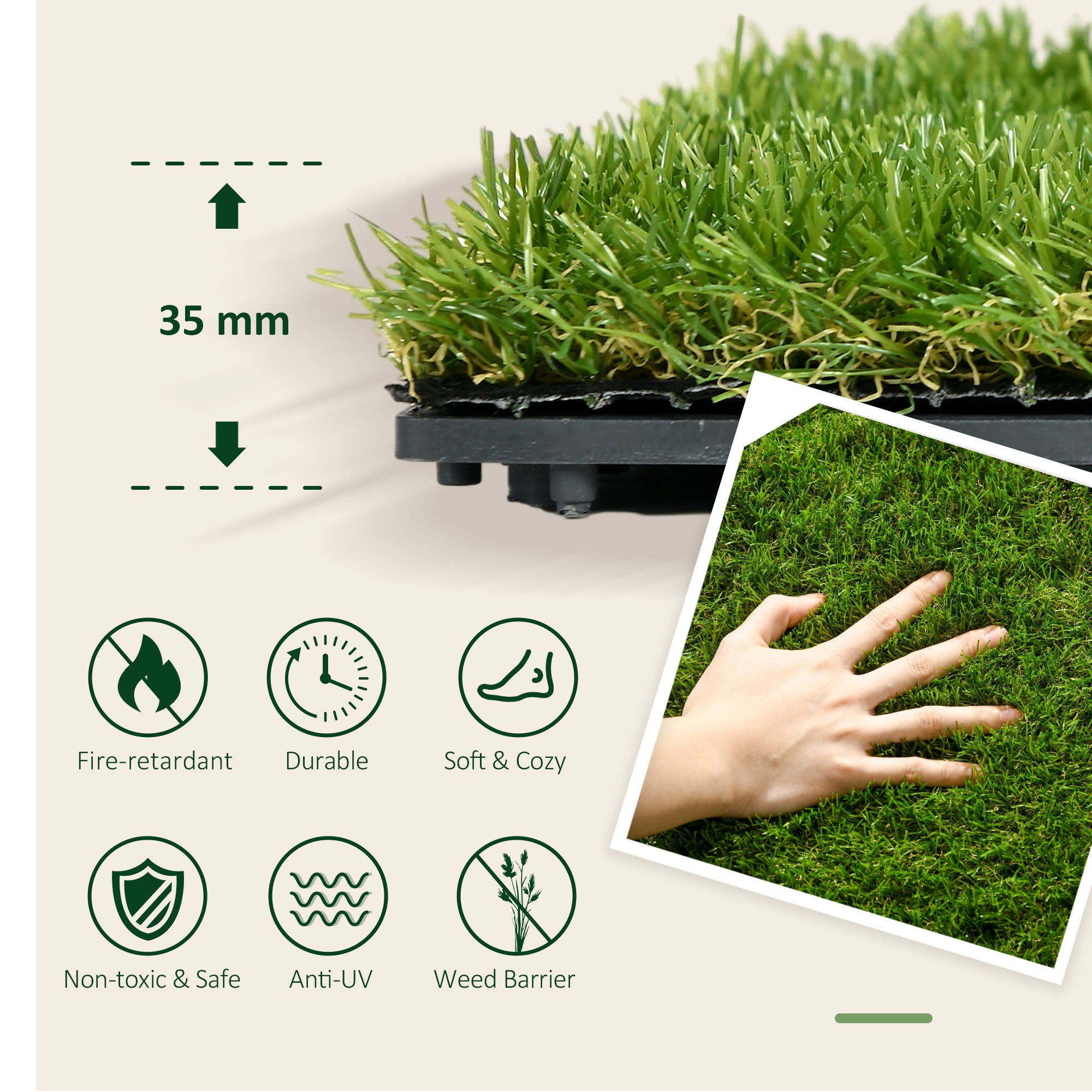 Outsunny 10-Piece Artificial Grass Set, Weatherproof Turf Tiles, 25mm Pile Height, Outdoor Carpet for Garden, Balcony & Patio, 30 x 30cm, Dark Green 
