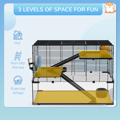 PawHut 3 Tiers Hamster Cage, Gerbil Cage with Deep Glass Bottom, Non-Slip Ramps, Platforms, Hut, Exercise Wheels, Water Bottle, Dish, for Syrian Hamster, Dwarf Hamster, 78.5 x 48.5 x 57cm 