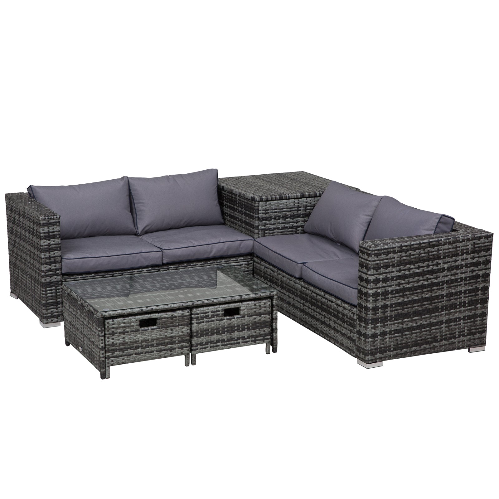 Outsunny 4 Pcs Rattan Wicker Garden Furniture Patio Sofa Storage & Table Set w/ 2 Drawers Coffee Table,Great Cushioned 4 Seats Corner Sofa - Grey 