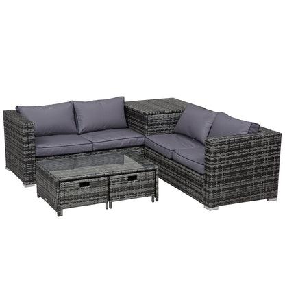 Outsunny 4 Pcs Rattan Wicker Garden Furniture Patio Sofa Storage & Table Set w/ 2 Drawers Coffee Table,Great Cushioned 4 Seats Corner Sofa - Grey 