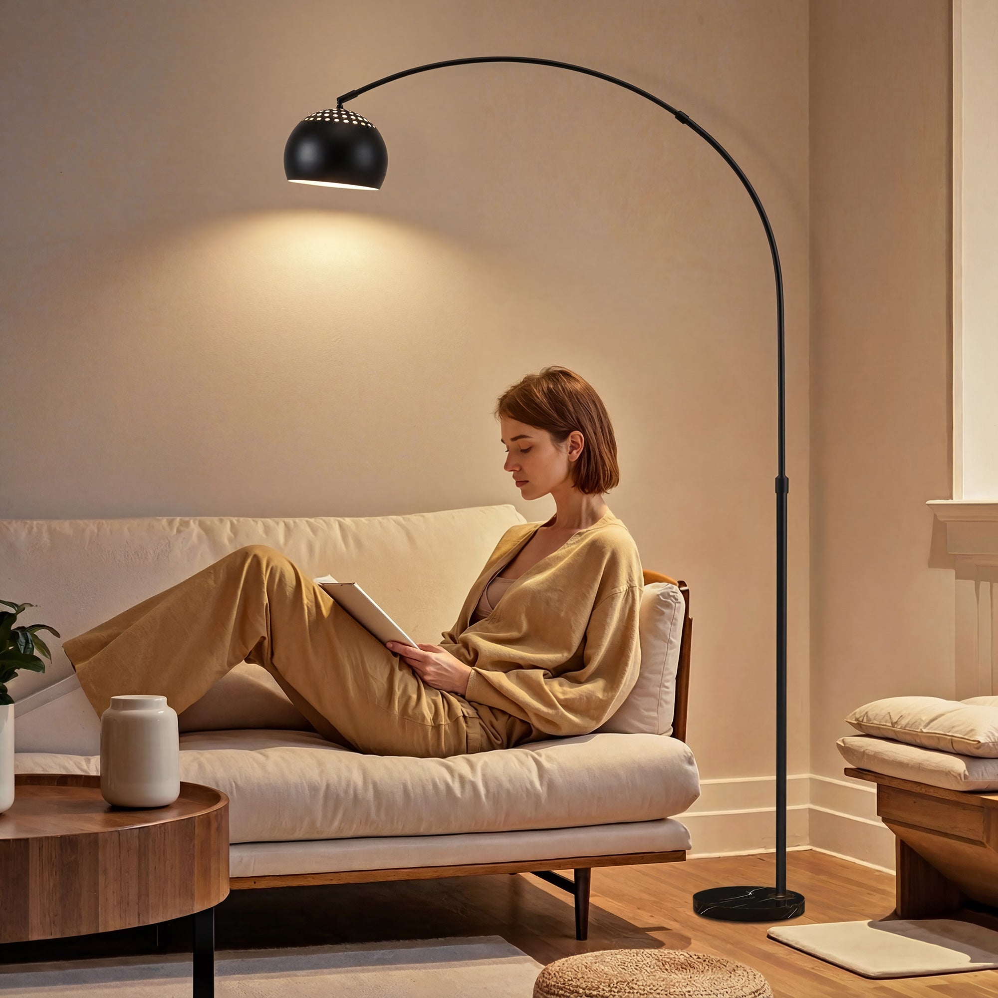 HOMCOM Arc Floor Lamp for Living Room, Modern Adjustable Standing Lamp with Faux Black Marble Base Black 
