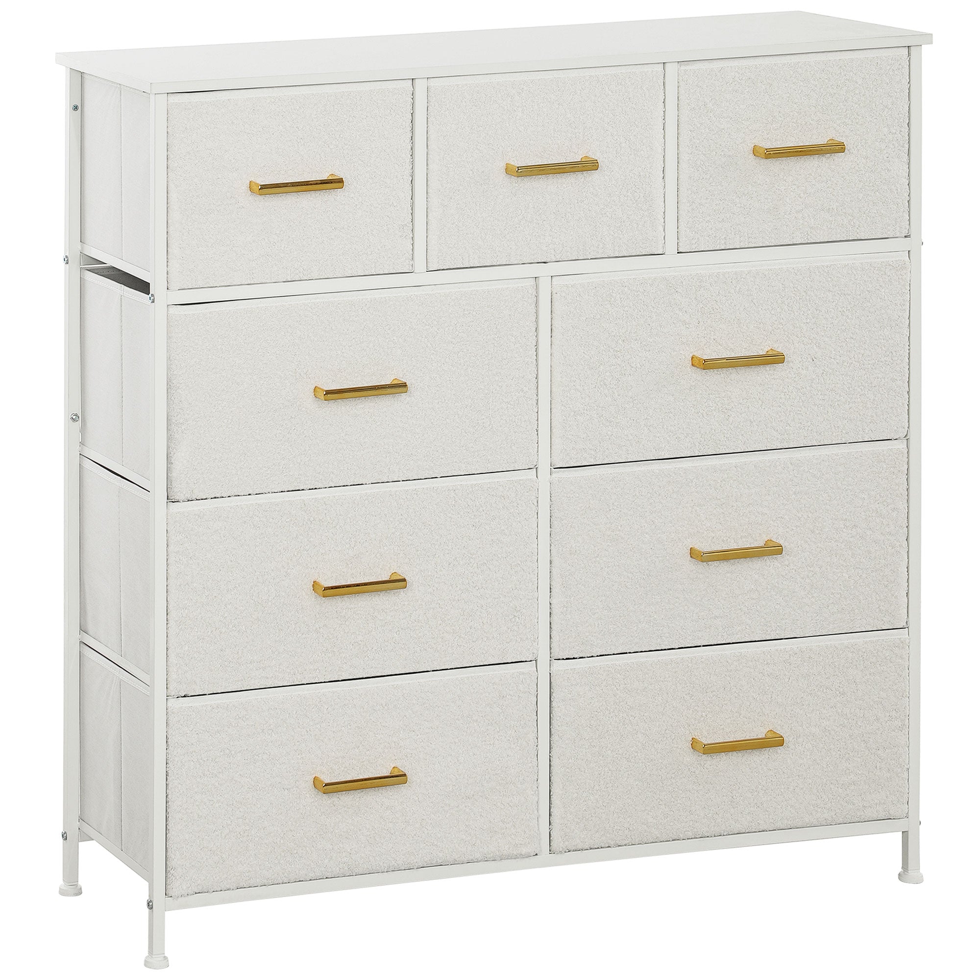 HOMCOM Chest of Drawers with 9 Fabric Drawers, Boucle Storage Organiser with Steel Frame, Fabric Dresser for Bedroom, Living Room, Hallway, Cream White 