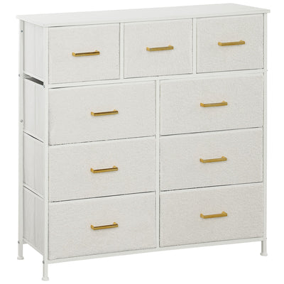 HOMCOM Chest of Drawers with 9 Fabric Drawers, Boucle Storage Organiser with Steel Frame, Fabric Dresser for Bedroom, Living Room, Hallway, Cream White 