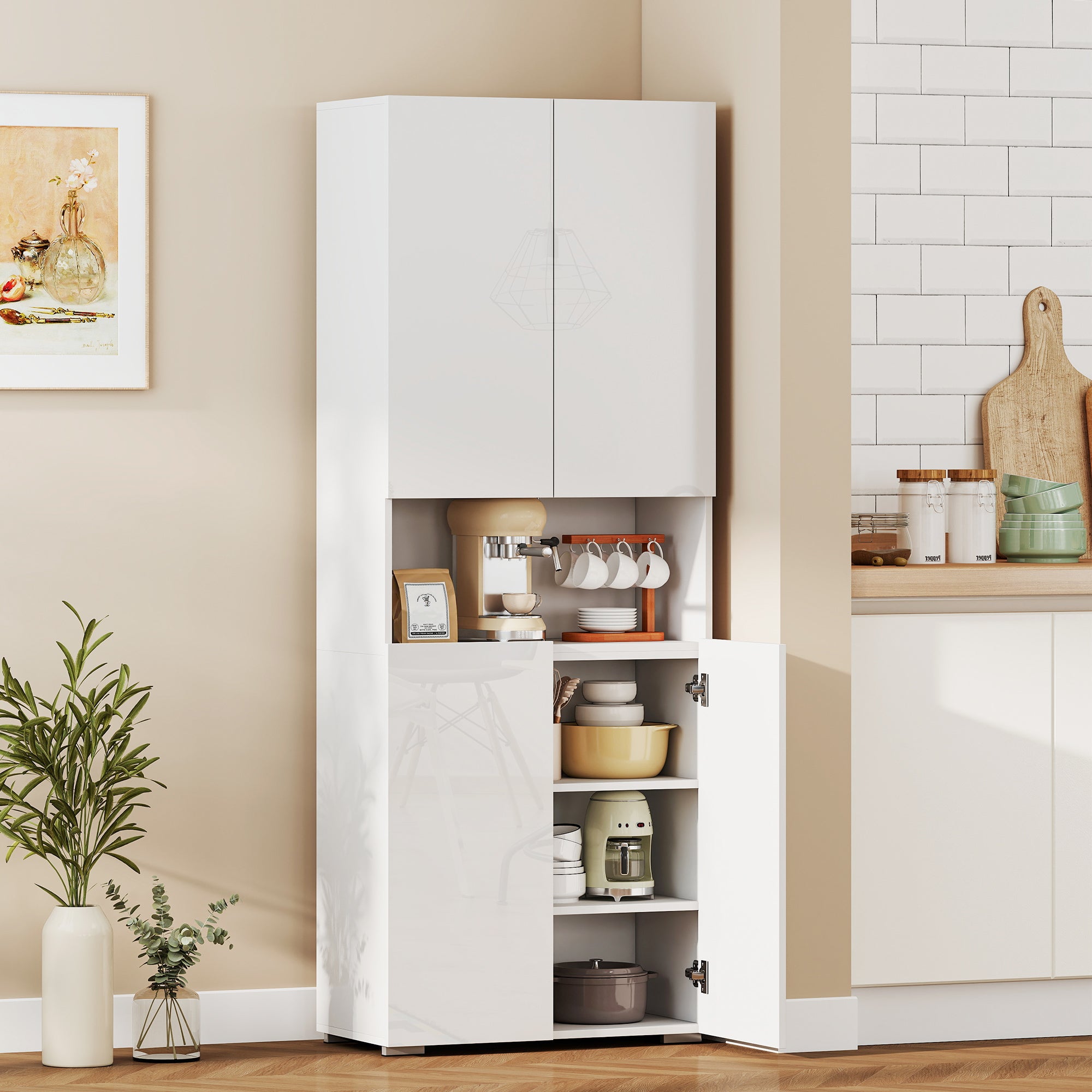 HOMCOM 180 cm Tall Kitchen Cupboard, Pantry Storage Cabinet with Soft Close Doors and Adjustable Shelves, High Gloss White 