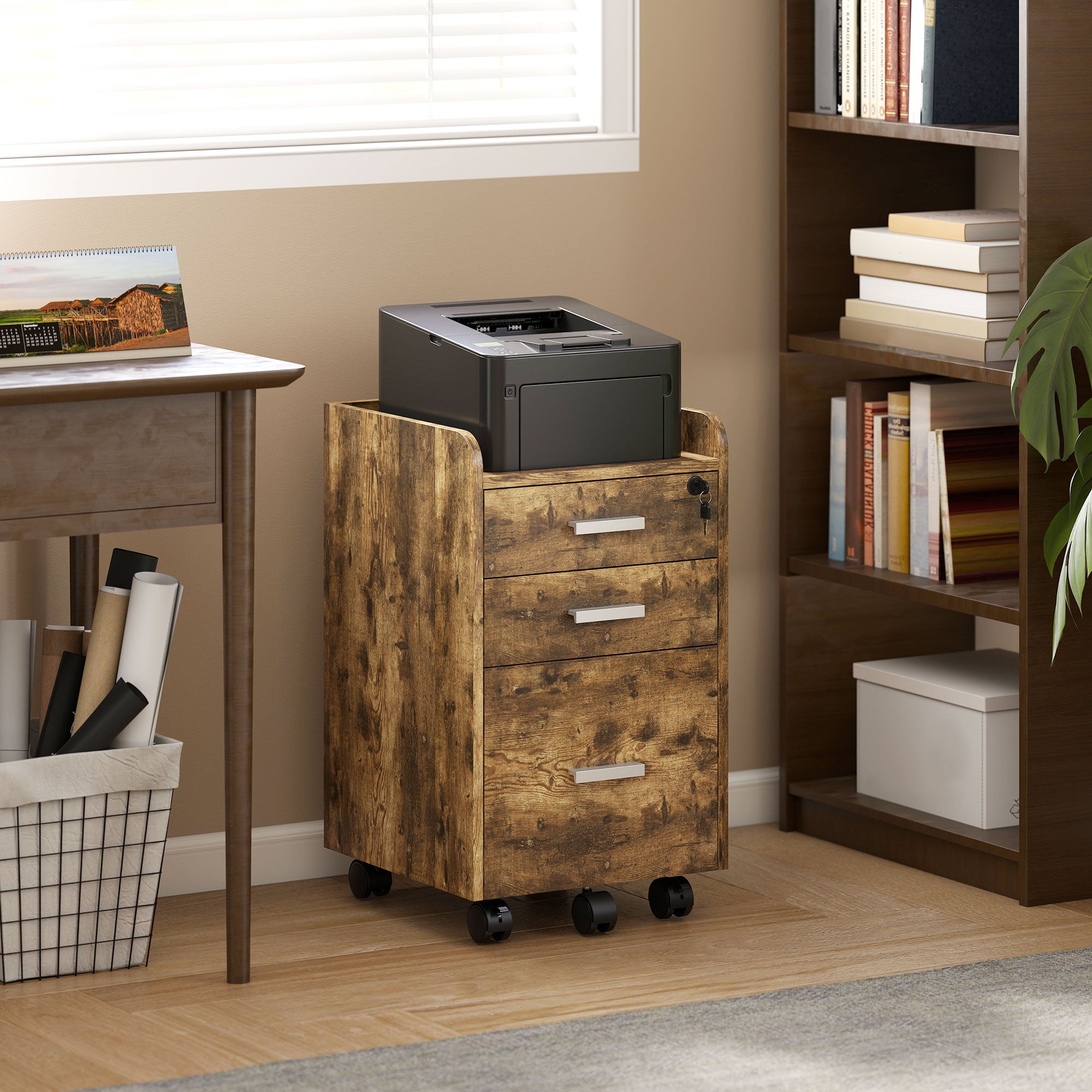 HOMCOM 3 Drawer Filing Cabinet with Lock, Rolling File Cabinet with Edged Top for Letter, A4 Size, Hanging File Folders 
