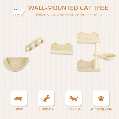 PawHut 4PCs Wall-Mounted Cat Shelves w/ Scratching Post, Hammock, Nest - Beige 
