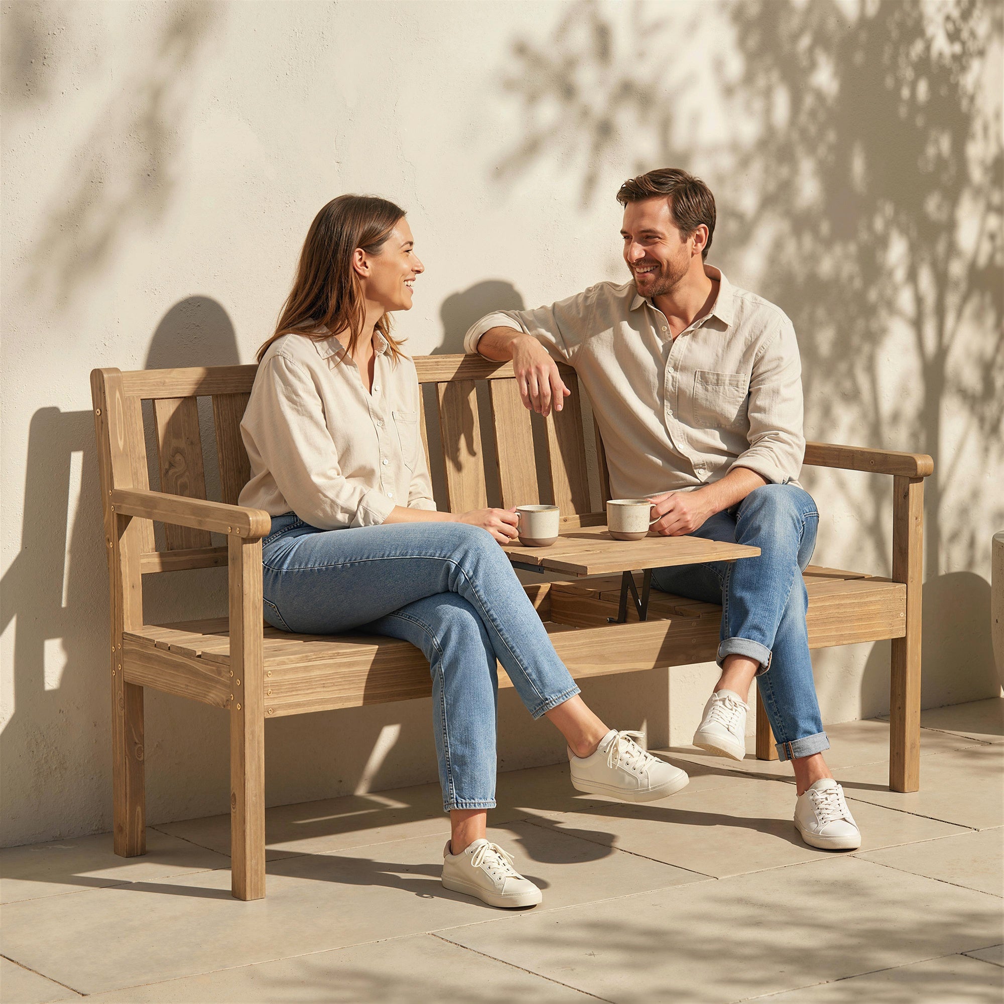 Outsunny Wooden Garden Bench with Liftable Table & Shelf, 2-3-Seater Outdoor Loveseat with Fir Wood Frame, Teak 