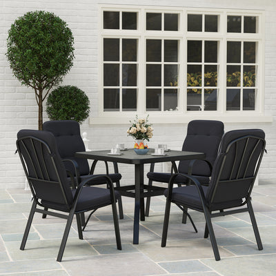 Outsunny 5 Pieces Outdoor Square Garden Dining Set w/ Tempered Glass Dining Table 4 Cushioned Armchairs, Umbrella Hole, Black 