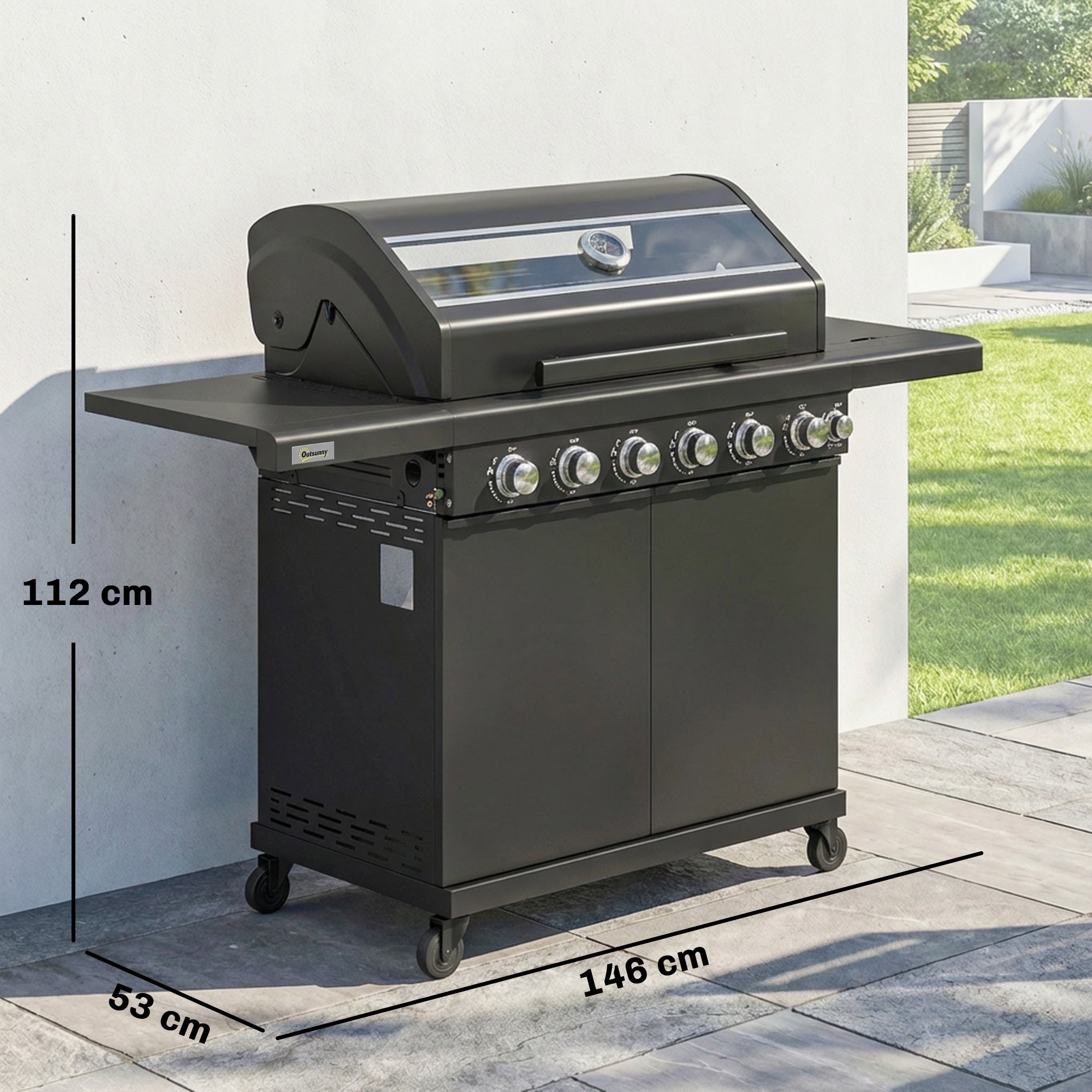 Outsunny 6+1 Burner Gas BBQ Grill, Outdoor Barbecue Trolley with Wheels, Warming Rack, Thermometer, Bottle Opener, Black 