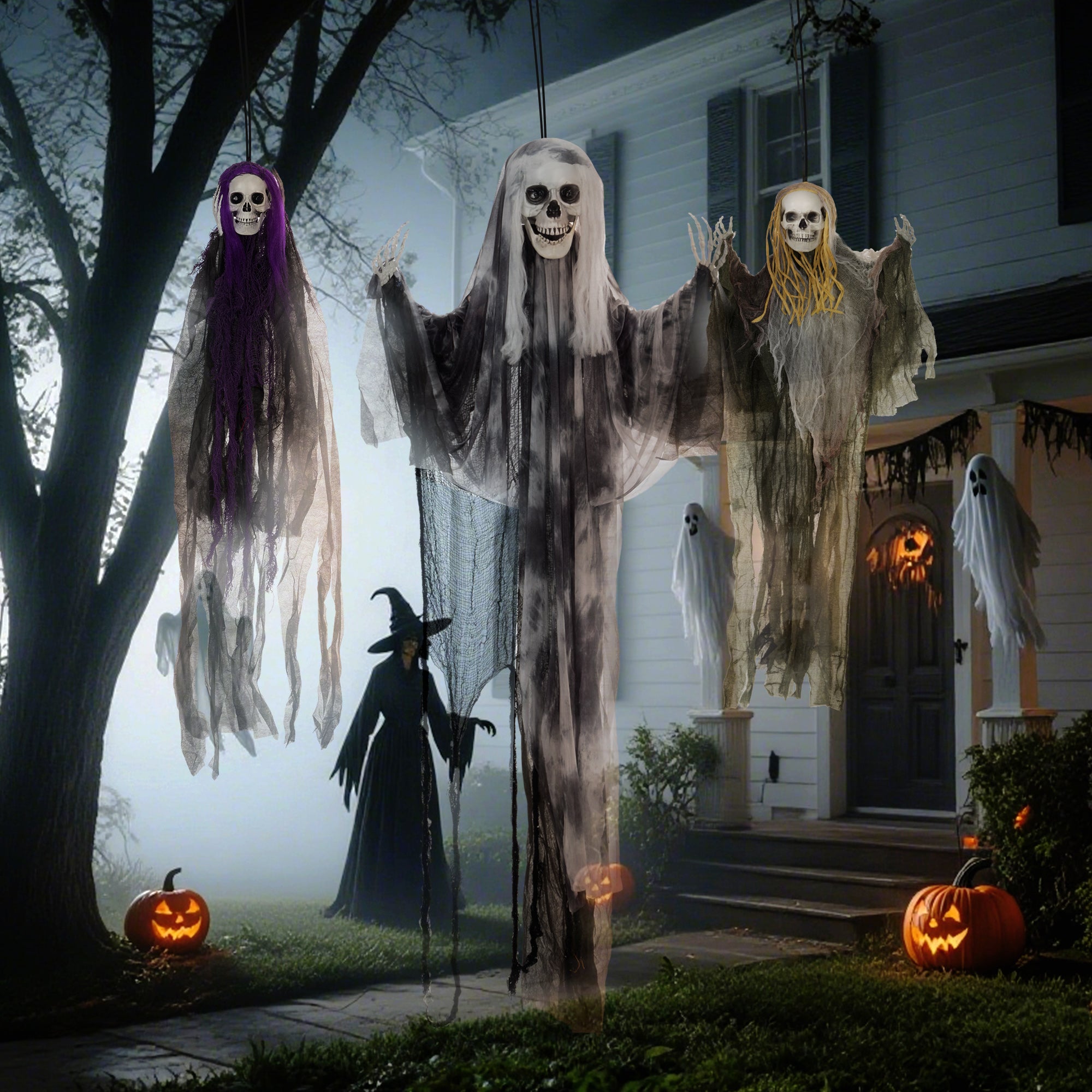 HOMCOM Set of 3 Hanging Skeleton Halloween Decorations, Scary Flying Ghost for Garden, Party, 90/110/170cm