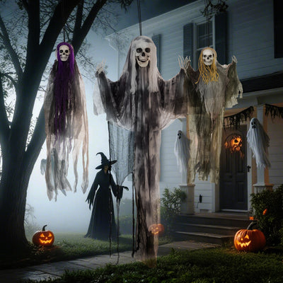 HOMCOM Set of 3 Hanging Skeleton Halloween Decorations, Scary Flying Ghost for Garden, Party, 90/110/170cm 
