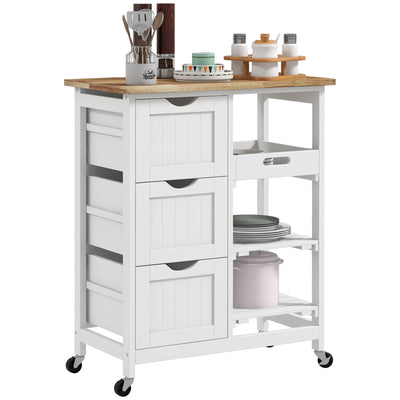 HOMCOM Rolling Kitchen Island Cart, Bar Serving Cart, Compact Trolley on Wheels with Wood Top, Shelves & Drawers for Home Dining Area, White 
