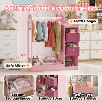 AIYAPLAY Kids Clothes Rail with Storage Shelf, Boxes, Mirror for Bedroom, Nursery, Pink 