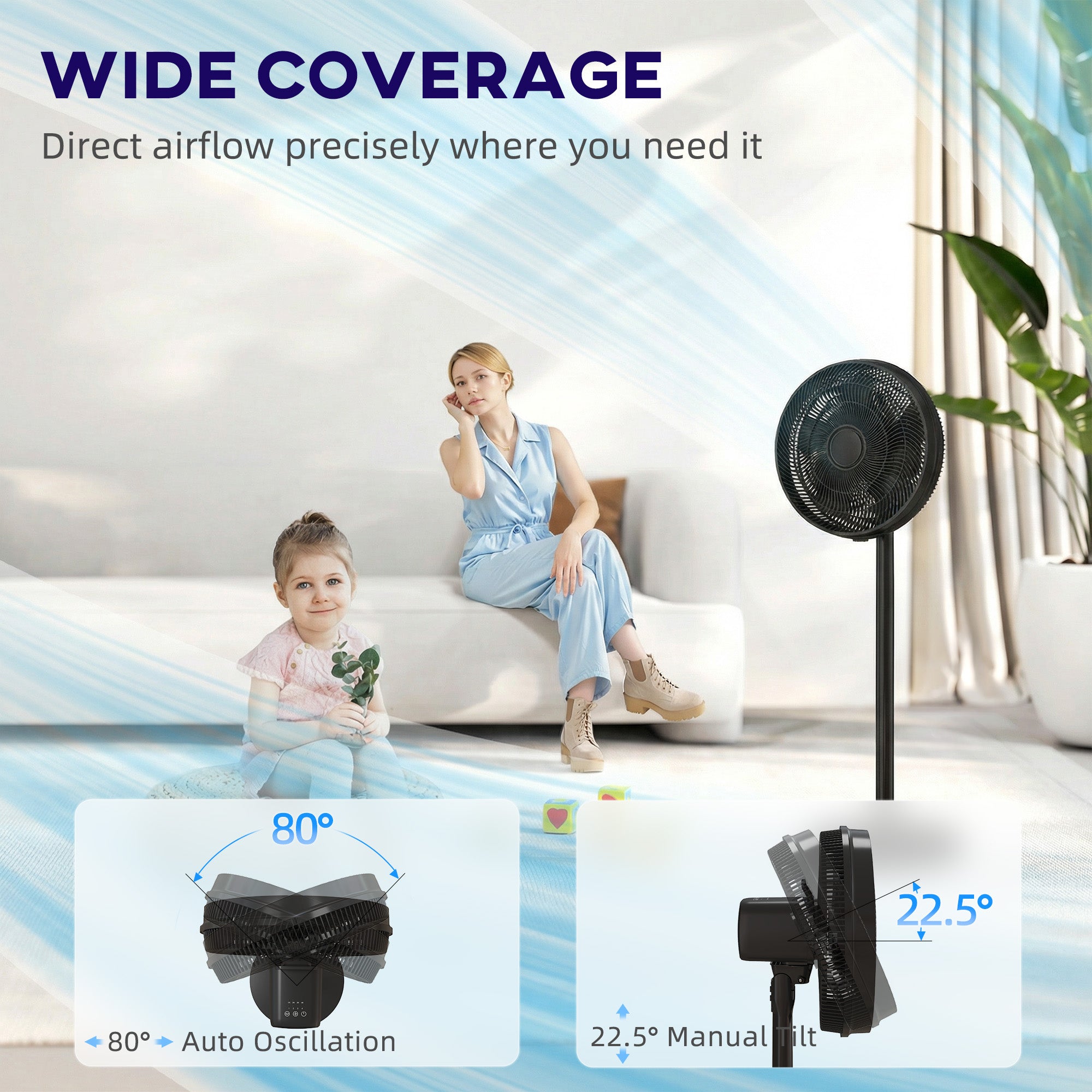 HOMCOM 40 cm Standing Fan, Cooling Floor Fan with 80° Oscillating, Adjustable Tilt and Height, 4 Speed, Remote Control, Black 