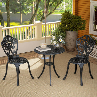 Outsunny 3 Piece Cast Aluminium Garden Bistro Set for 2 with Parasol Hole, Outdoor Coffee Table Set, Two Armless Chairs and Round Coffee Table for Balcony, Patio, Black 