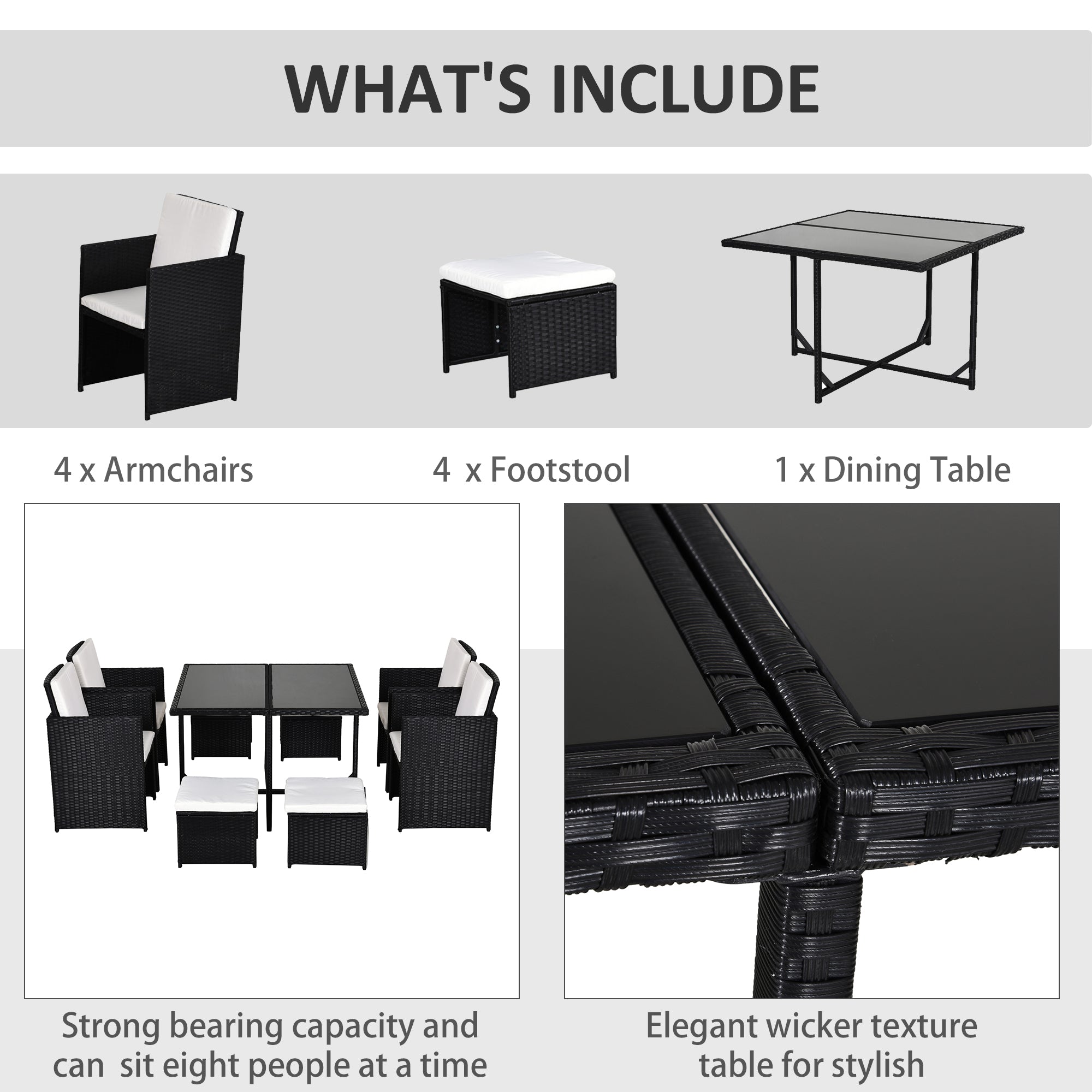 Outsunny 8 Seater Rattan Cube Garden Furniture Set, Rattan Dining Set with Cushions, Outdoor Dining Table and Chairs with 4 Armchairs, 4 Stools, Square Glass Top Table, Black 