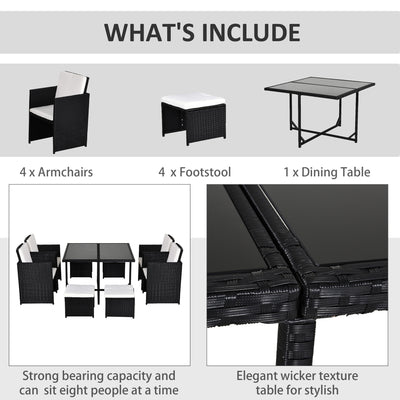 Outsunny 8 Seater Rattan Cube Garden Furniture Set, Rattan Dining Set with Cushions, Outdoor Dining Table and Chairs with 4 Armchairs, 4 Stools, Square Glass Top Table, Black 