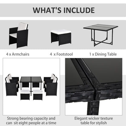 Outsunny 8 Seater Rattan Cube Garden Furniture Set, Rattan Dining Set with Cushions, Outdoor Dining Table and Chairs with 4 Armchairs, 4 Stools, Square Glass Top Table, Black 