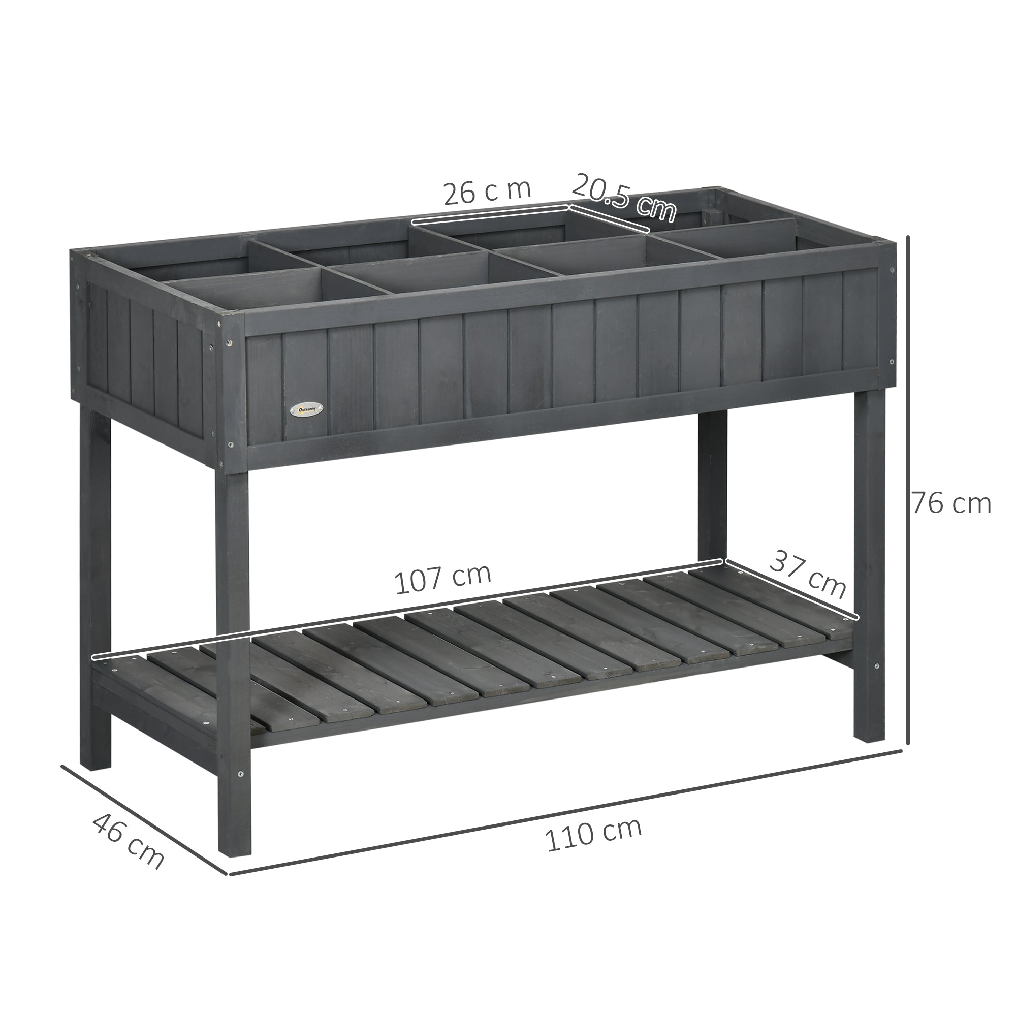 Outsunny Fir Wood Raised Rectangular 8 Compartment Plant Stand Dark Grey 