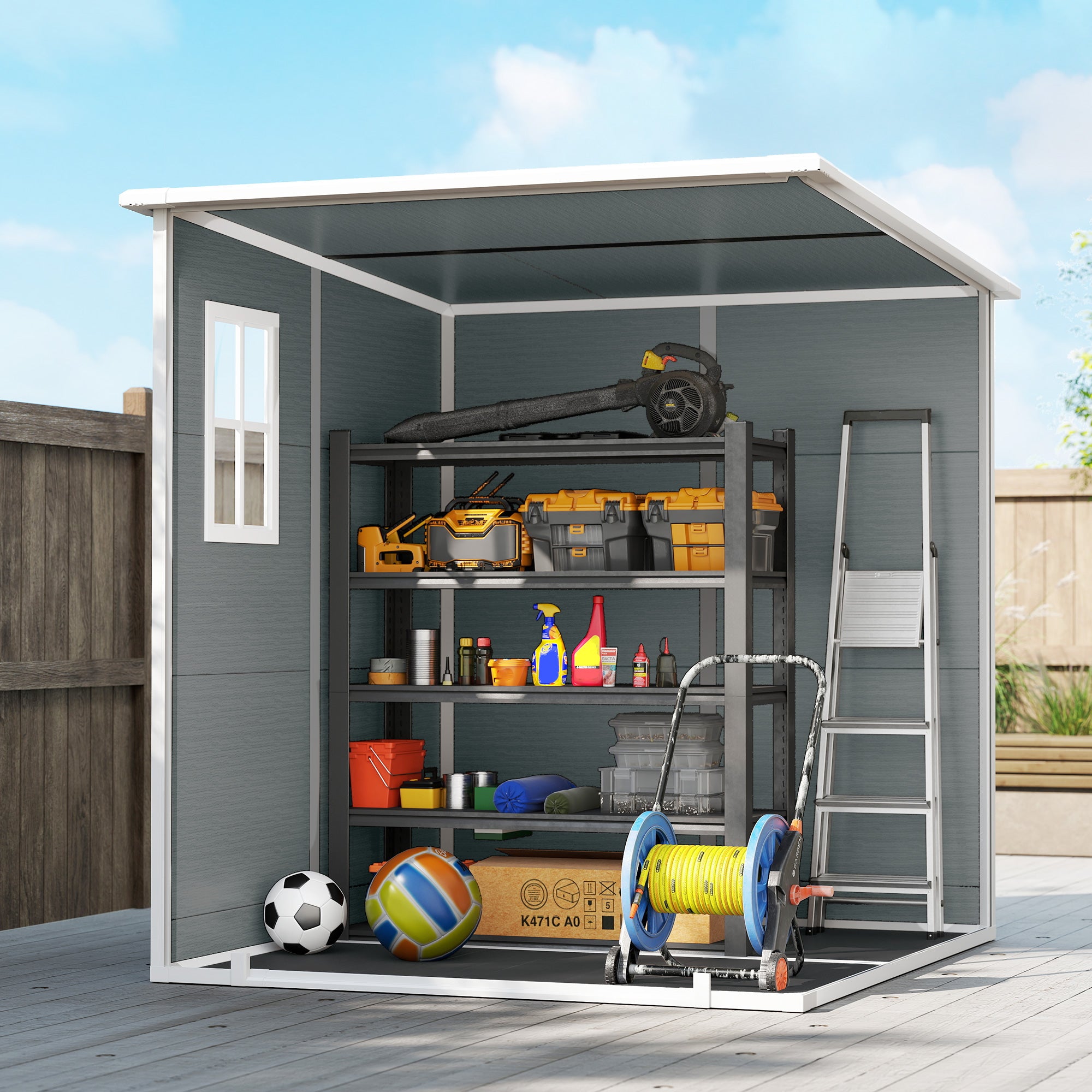Outsunny 6 x 6 ft Plastic Garden Shed, Wood-Effect Outdoor Storage Shed with Floor, Windows, Lockable Doors and Vents, Grey 